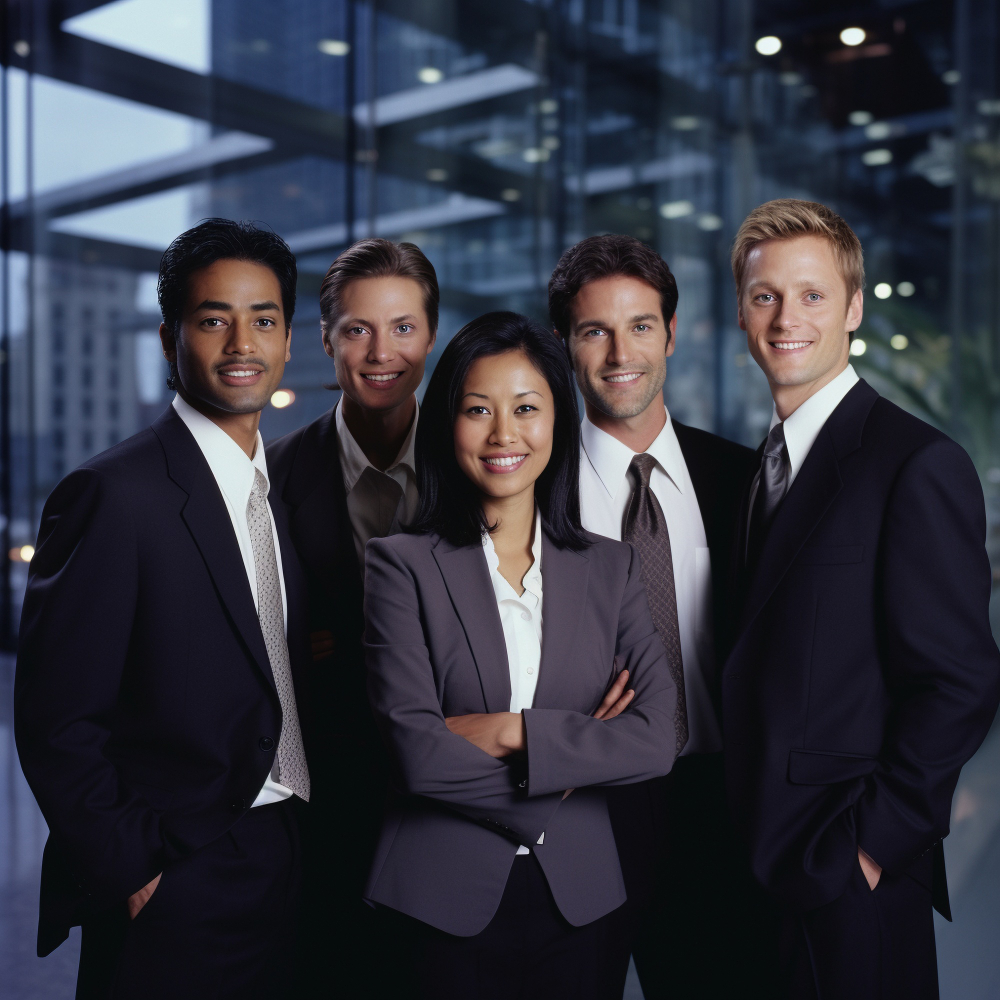 Five colleagues in business suits in a glass-walled lobby